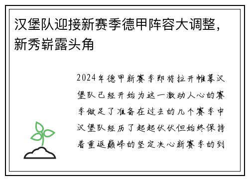 汉堡队迎接新赛季德甲阵容大调整，新秀崭露头角
